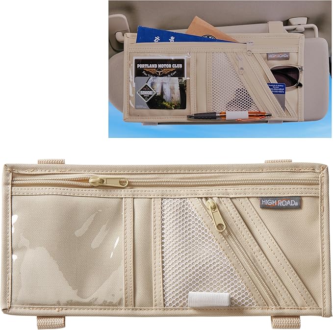 Car Visor Organizer with Zippered Pockets, Sunglasses Sleeve and Clear Photo or Registration and Insurance Pocket - Heavy Duty Straps Fit Most Car, SUV and Truck Visors - Tan