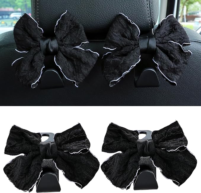 Car Seat Headrest Hook Cute Bowknot Vehicle Hanger Car Storage Organizer for Handbag Purse Coat Grocery Bag Puff Black