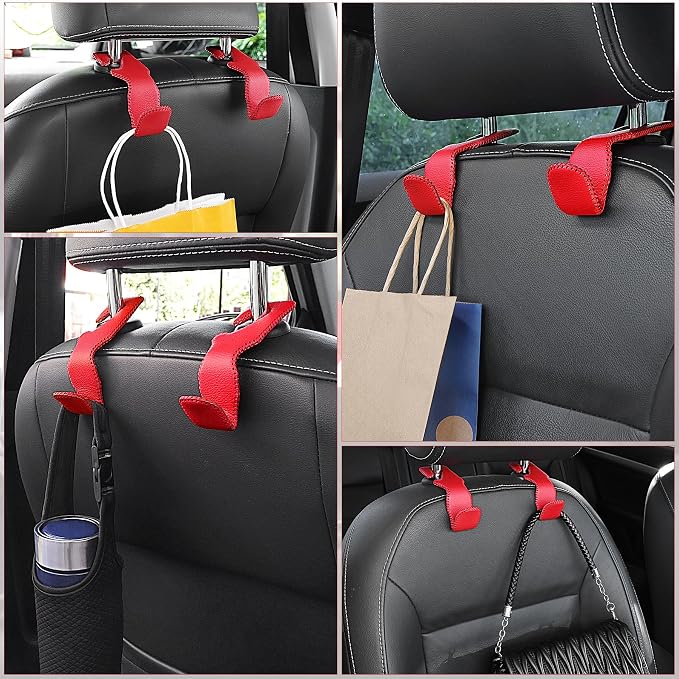 Red Superior Leather Car Seat Back Headrest Hook, Auto Seat Hook Hangers Interior Accessories for Purse Coats Umbrellas Grocery Bags Handbag, 2-Pack