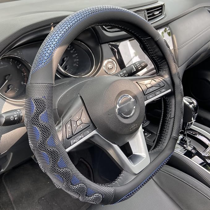 D Shaped 14.5-15 Inch Steering Wheel Cover Great Grip with 3D Honeycomb Anti-Slip Design, Flat Bottom 14.5-15 Inch (Blue)