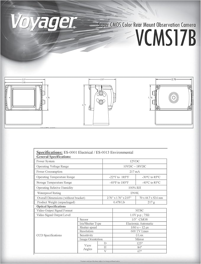 Voyager VCMS17B Super CMOS Color Rear Mount Observation Camera with LED Low-Light Assist, Built-in Microphone, Black