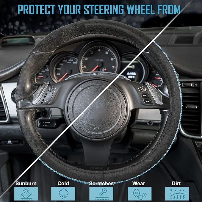 Mint Diamond Black Leather Steering Wheel Cover, Bling Blue Crystal Rhinestones Universal Fit 14"1/2-15" Crystal Glitter for Women Sparkle Girl Fit Suvs,Vans,Sedans,Cars,Trucks, Mint Diamond
