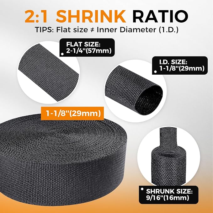 Black 2:1 Ratio Automotive Heat Shrink Braided Sleeving,Wear-Resistant Flat Woven Shrinkable Sleeve Fabric Car Cable Wires Hoses Protection (1-1/8"-35ft)