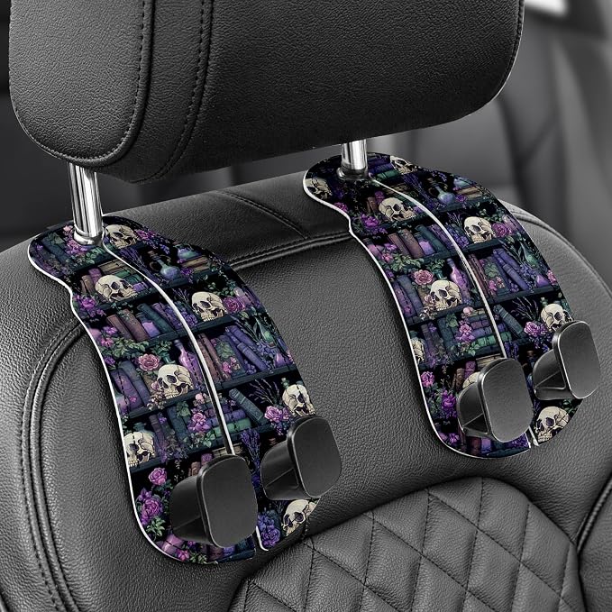 Purse Holder for Car, 2 Pack Heavy Duty Purse Hanger for Car, PU Leather Car Seat Hooks for Purses and Bags, Cute Purple Skeleton Headrest Organizer for Handbags & Backpacks