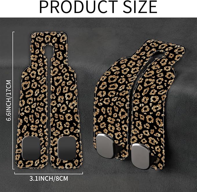 Car Headrest Purse Hanger Abstract Gold Glitter Leopard 1 Pack Bag Purse Holder for Car Premium Leather Double Metal Hook for Handbags, Grocery Bags and Phones