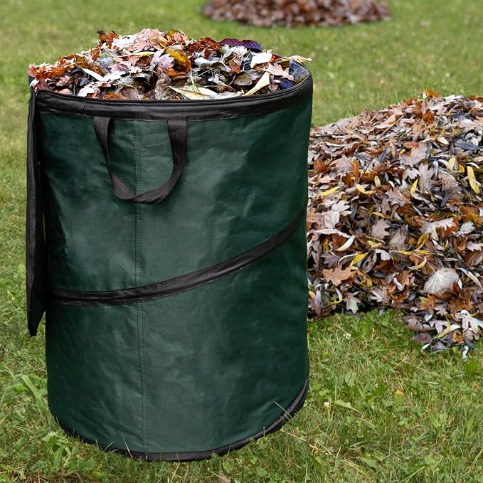 Outdoor Trash Can - 46-Gallon Collapsible Garbage Can with 3 Stakes - Pop Up Trash Bin for Camping, Storage, or Yard Waste Outdoors (Green)