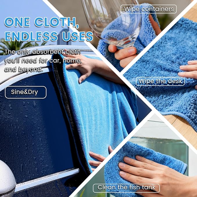 PUGPIU 1400GSM Large Microfiber Car Drying Towel Detailing 24"x36" | XL Super Absorbent Microfiber Towels - Edgeless with Twisted Loop - No Lint Streak for SUV Truck Car Detailing (Blue)