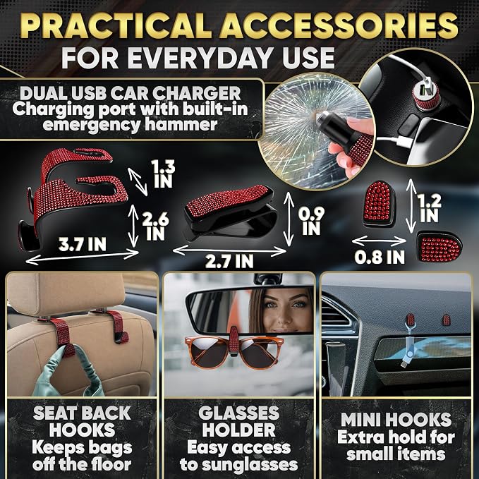 Red Bling Car Accessories Set, 27 Pieces Car Interior Set Including Steering Wheel Cover, Diamond License Plate Frame, Phone Holder, Coasters, Hooks, Great Gift for Women Drivers