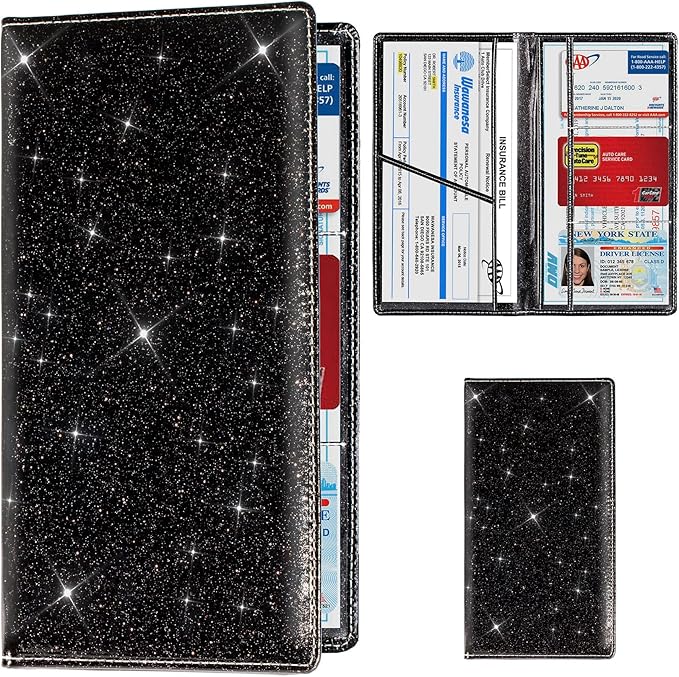 Car Registration and Insurance Card Holder, Vehicle License Document Glove Box Compartment Organizer, Interior Car Accessories for Women Men (Glitter Black)