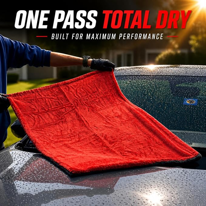 Car Drying Towel 24”x36”, 1400 GSM Twisted Loop Microfiber, Ultra Absorbent, Streak-Free, Lint-Free, Scratch-Free for Car, Truck & SUV, Quick Drying in Fewer Passes (Red)