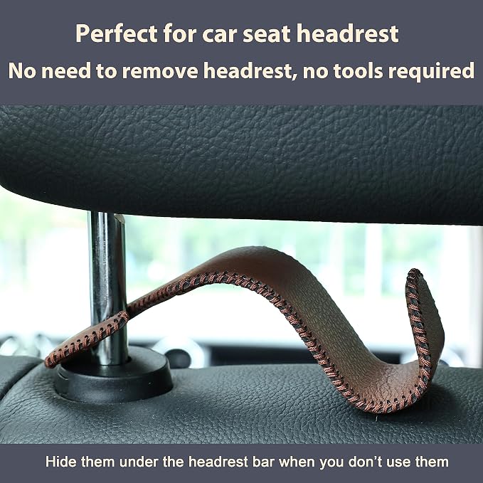 Car Seat Headrest Hook 4 Pack Metal Core Hanger Universal Car Storage Organizer for Handbag Purse Coat S Type Leather Brown