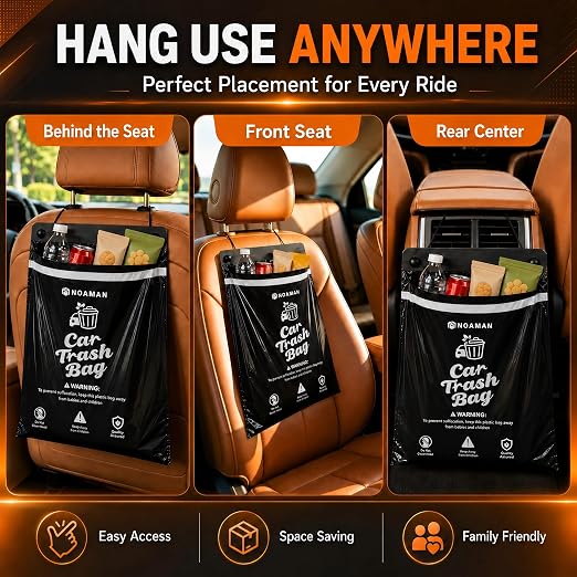 50PCS 1 Pack Car Trash Bags, 2.5 Gal Disposable Garbage Bags for Car, SUV, Truck and RV, Leak-Resistant Odor-Control Bags, Stick-On or Headrest Mount, Alternative to Car Trash Can, Black