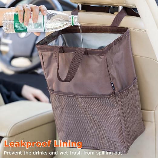 New Leak-Proof Travel Car Trash Bag, 3.5 Gallons Large Capacity Hanging Car Trash Can with Hook and Loop Lid and Handle, Multipurpose Trash Bin with Storage Pockets for SUV RV Camping (Brown)