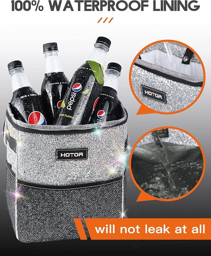 Car Trash Can with Lid and Storage Pockets - 100% Leak-Proof Organizer, Waterproof Garbage Can, Multipurpose Trash Bin for Car, 2 Gallons, Sparkle White