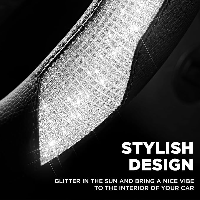 Steering Wheel Cover, Sparkly Crystal Bling Glitter with Black Leather, Universal Fit 14.5"-15.5" Car Steering Wheels for Girls & Women, Breathable Anti-Slip Steering Wheels Cover