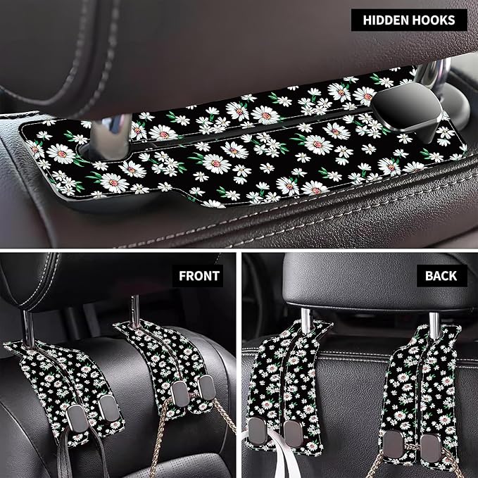 Purse Hook for Car Little White Daisy Flowers 1 Pack Headrest Back Seat Hook Premium Leather Double Metal Hanger Storage Pack Bag Purse Holder Car Interior Accessories