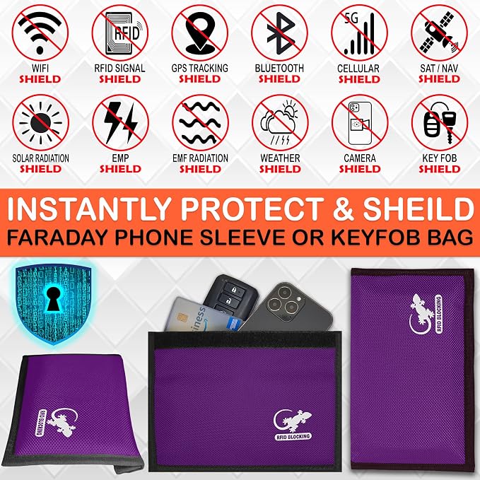 Faraday Bag for Phones, Key Fobs & RFID Cards – Shielding Privacy Pouch for Personal Device Storage, Travel-Friendly RFID Blocking Sleeve Accessory - PURPLE