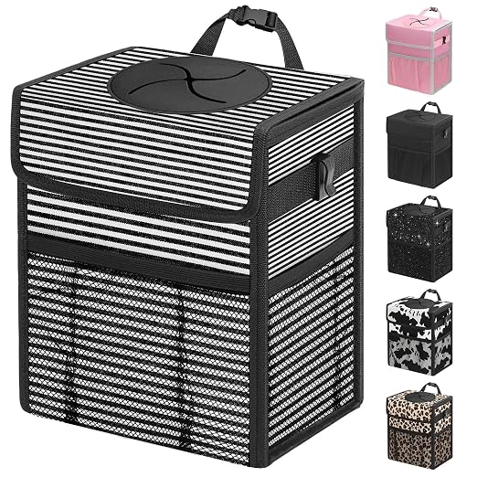 Car Trash Can with Lid, Leakproof Car Trash Bag Hanging Waterproof Automotive Garbage Can with Storage Pockets Mini Vehicle Trash Bin for Back/Front Seat(Stripe,2.5 Gallon)