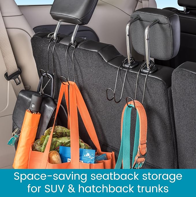Metal Car Hooks for Purses and Bags - Unbreakable Headrest Car Hooks for Large Purse Straps and Heavy Bags up to 40 lbs - Secure Attachment Loops Fit All Headrest Posts (Single Hook 4-Pack)