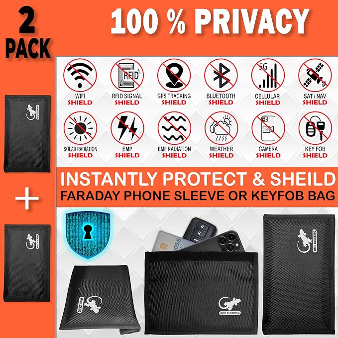 Faraday Bag Anti-Tracking GPS RFID Car Key Signal Blocker Wallet Shielding Pouch Protective Case for Cell Phone Car Key FOB, Data Privacy, Electronic Device Security (2 Pack - Pocket Black)