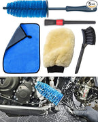 Motorcycle Cleaning Brush Kit, Easy Reach Brush, Wool Wash Mitt, Stiff Tire Brush, Detailing Brush& Microfiber Towel for Motorcycle Mudguard, Rims, Paint, Exhaust