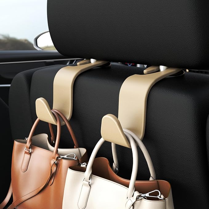 4-Pack Car Headrest Hooks Vehicle Storage Organizer for Purses Handbags Groceries Coats –Holds 55lbs 360° Rotating Simple Design Beige