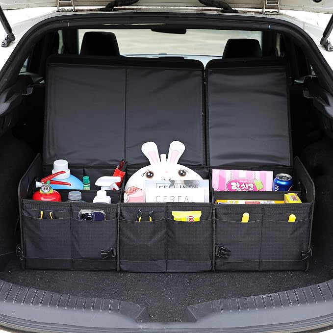 AOKJOY Car Trunk Organizer with Lid Storage Collapsible Multi Compartment Adjustable Straps for SUV, Truck, Sedan(Black) XL
