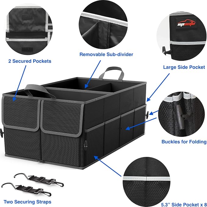 Foldable Car Trunk Organizer for SUV, 3-Compartment, Black | with Removable Divider, Side Pockets and Securing Straps