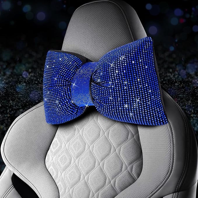 4 PCS Bling Car Pillows,Rhinestones Bowknot Car Headrest Pillow,Car Neck Pillow for Driver Relax Necksupport,Sleeping Travel Support Neck Pillow,Shiny Diamond Interior Accessories for Women,Blue