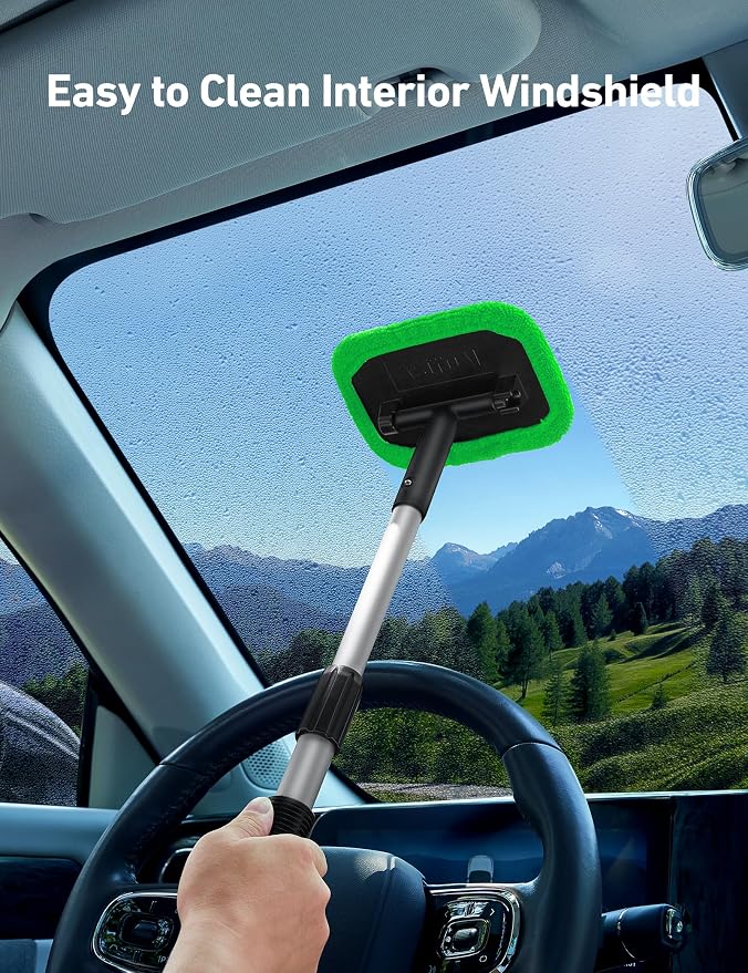 Windshield Cleaner, Microfiber Window Cleaner with 4 Reusable Washable Large Sponge Pads, Extendable 180° Rotating Handle, Fits Cars & SUVs, Includes Spray Bottle, Green