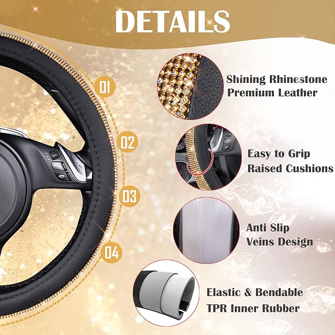 Rhinestones Diamond Bling Steering Wheel Cover, Universal Fit for SUV,Vans,Sedan,Car,Truck 14.5-15inch Universal Fit (Golden) Crystal Glitter for Women Sparkle Girly Sparkling Gold Shining