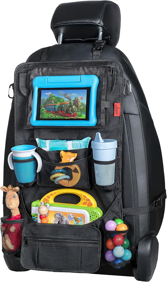 Backseat Car Organizer- Kick Mat Protects Against Kids Feet - 12 Large Storage Pockets - iPad,Tablet, Water Bottle Holder- Durable, Heavy Duty Road Trip Essential (Black)