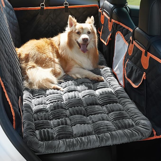 Backseat Pet Bed Mat,Dog Bed for Car,Fuzzy Dog Seat Cover for Car Back Seat, Non-Slip Travel Pet Mat, Fit for Backseat Extenders and Seat Covers(Gray)