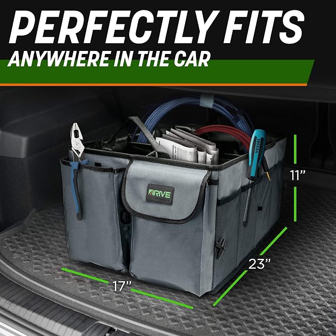 Car Trunk Organizer - Collapsible, Multi-Compartment Automotive SUV Car Organizer for Storage w/Adjustable Straps - Truck & Car Accessories for Women and Men - Grey