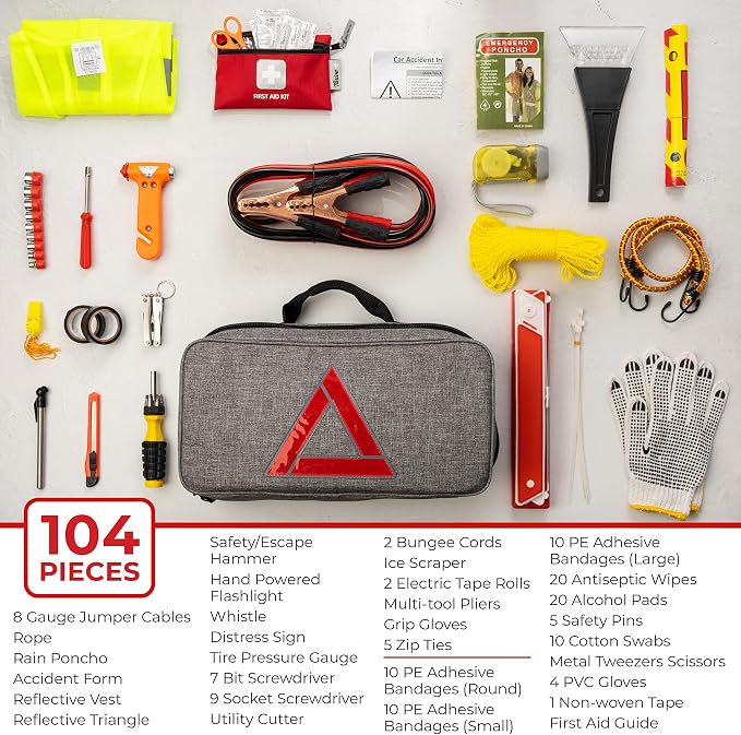 Emergency Car Kits for Vehicles - Roadside Emergency Car Kit (104 Pieces) - Car Kits for Emergency - Roadside Car Kit with Jumper Cables and Mini First Aid Kit - Gray Bag