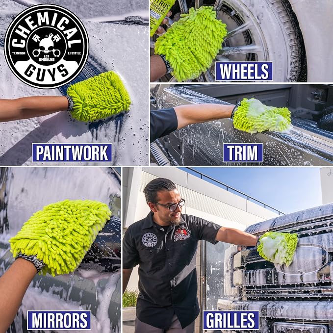 Chenille Premium Scratch-Free Microfiber Wash Mitt, Lime Green, 9.6" x 2.3" x 7" (3 Pack) - MIC49303