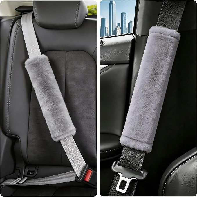 Soft Faux Fur Universal Fit Seatbelt Cover Car Truck SUV Airplane Seat Belt Shoulder Pad for Carmera Backpack Straps Neck Cushion Protector 2 Pack 10.5in Light Silver Grey