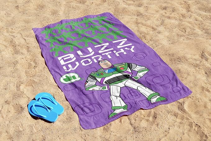 Children Beach Towel - 100% Cotton Super Soft Absorbent Bath Towel, 28" x 58" Inch Lightweight for Travel, Official Licensed Product, Purple - Toy Story Buzz Lightyear
