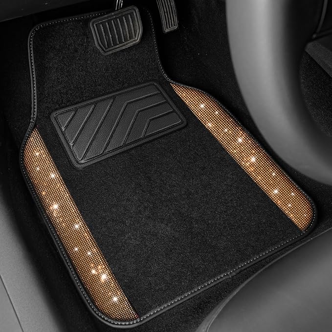 Bling Diamond Car Floor Mats, Shining Rhinestone Carpet Sparkly Glitter Crystal with Anti-Slip PVC Heel Pad Waterproof Universal Fit Automotive SUV,Sedan,Van,Cute Girl Women,4pcs Golden