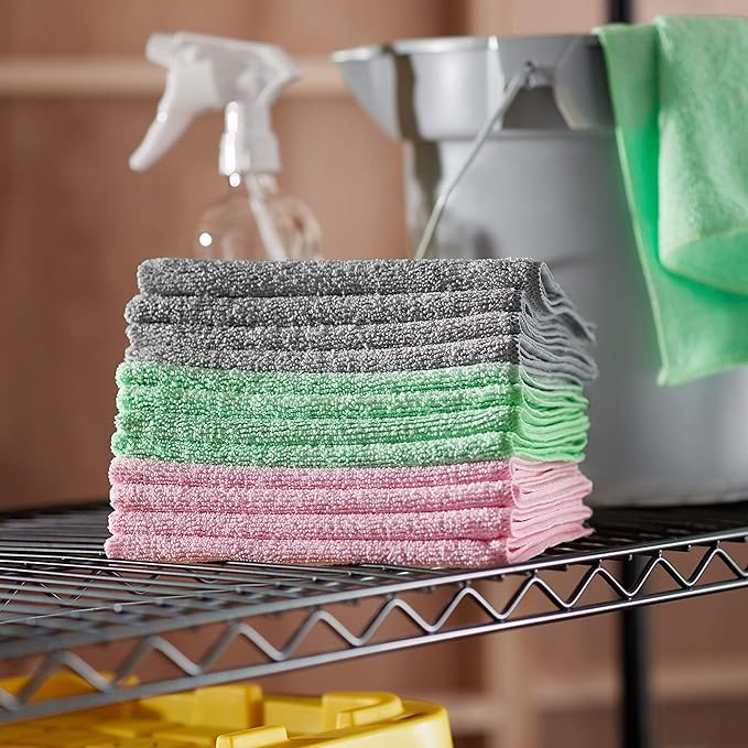 Microfiber Cleaning Cloths, Ultra Absorbent, Scratch-Free, Non-Abrasive, Reusable and Washable, 16" x 12", Green/Gray/Pink, 48-Pack