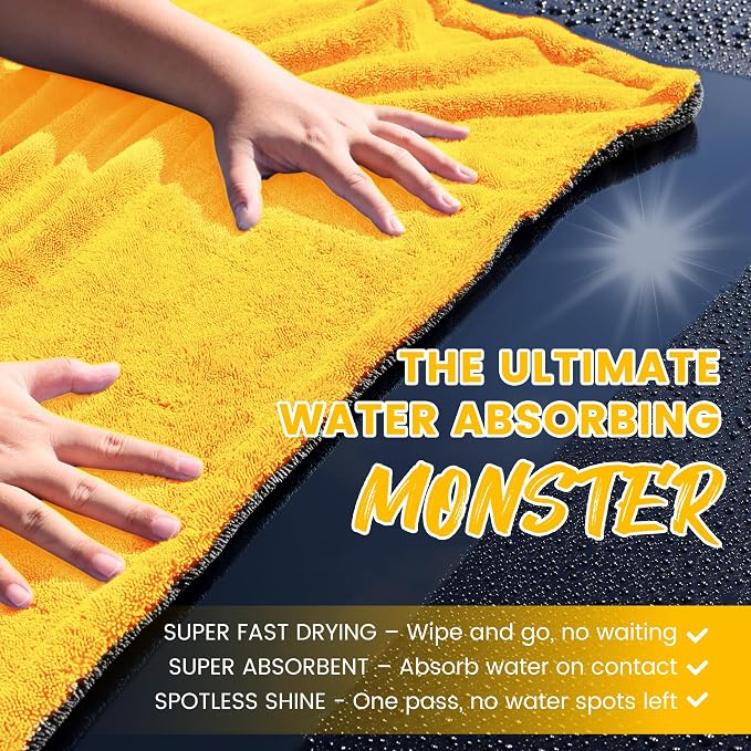 PUGPIU 1400GSM Large Microfiber Car Drying Towel Detailing 24"x36" | XL Super Absorbent Microfiber Towels - Edgeless with Twisted Loop - No Lint Streak for SUV Truck Car Detailing (Yellow)