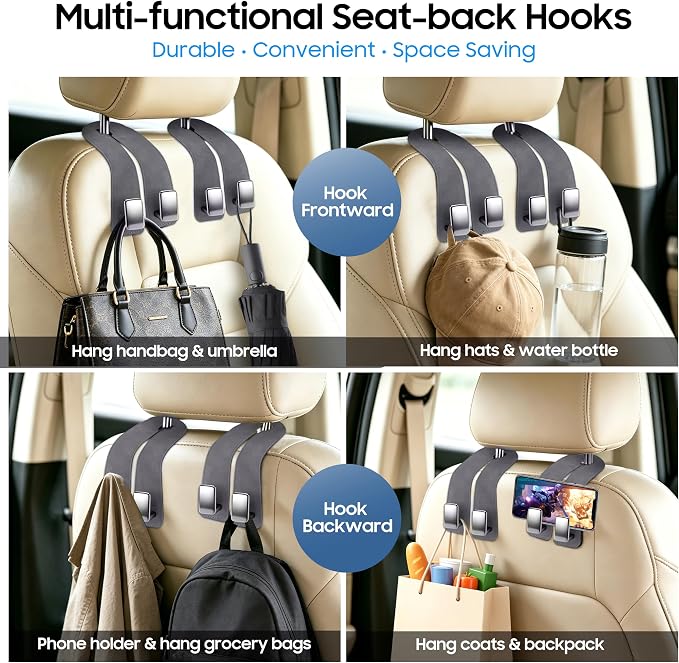Car Headrest Hooks, Premium Suede with Metal Car Seat Back Storage Hooks for Handbag Coats Umbrella Backpack - 2 Pack, Gray