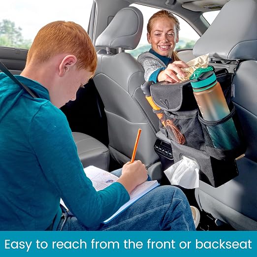 StashAway Car Trash Can with Tissue Holder - Car Organizer with Trash Can, Tissue Dispenser and 3 Storage Pockets for Bottles, Flasks, Wipes and Driving Essentials