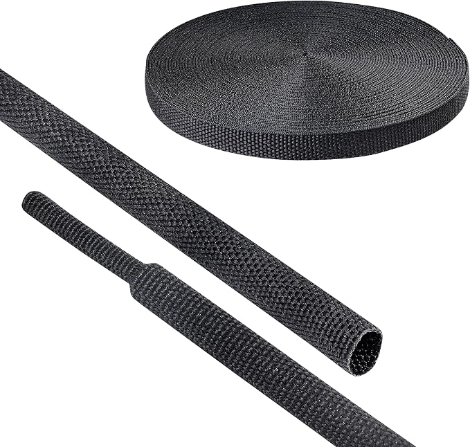 Black 2:1 Ratio Automotive Heat Shrink Braided Sleeving,Wear-Resistant Flat Woven Shrinkable Sleeve Fabric Car Cable Wires Hoses Protection (1/4''-66ft)