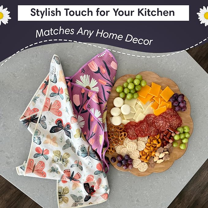 Double Sided Microfiber Hand Towels, 17x27 Inches Waffle Design Kitchen Towels Set, Durable & Soft Fast Drying Hand Wash Cloth, Everyday Use Dishcloth at Home (Wings & Flower Farm- Purple/Cream)