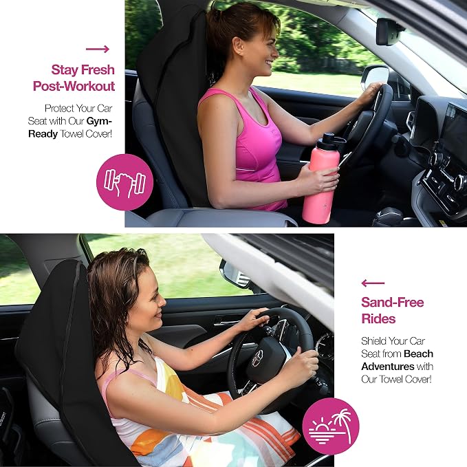 Car Seat Towel Cover for Post Gym Workout, Running, Swimming, and Hiking, 2 Pack Universal Fit Anti-Slip Waterproof Sweating Bucket Seat Protector for Cars, SUVs and Trucks, Black