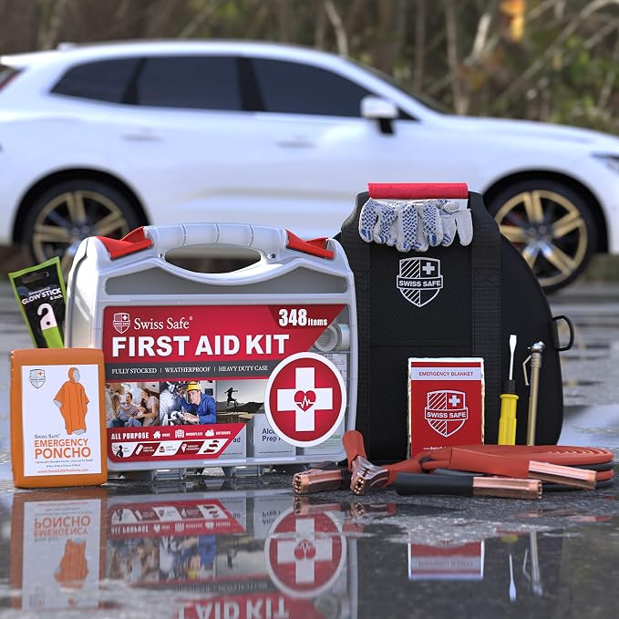 2-in-1 Car Emergency Kit | 12-FT Heavy-Duty Jumper Cables & 378-Piece Comprehensive Car First Aid Kit | Compact Roadside Auto Essentials for Vehicle Safety