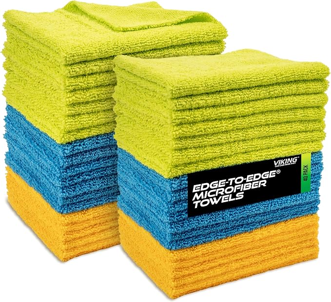 VIKING Microfiber Cloth for Car or Home 40 Pack, Edgeless Towel for Interior and Exterior Car Detailing, Multi-Purpose, Reusable Towels, Assorted, 12 Inch x 16 Inch
