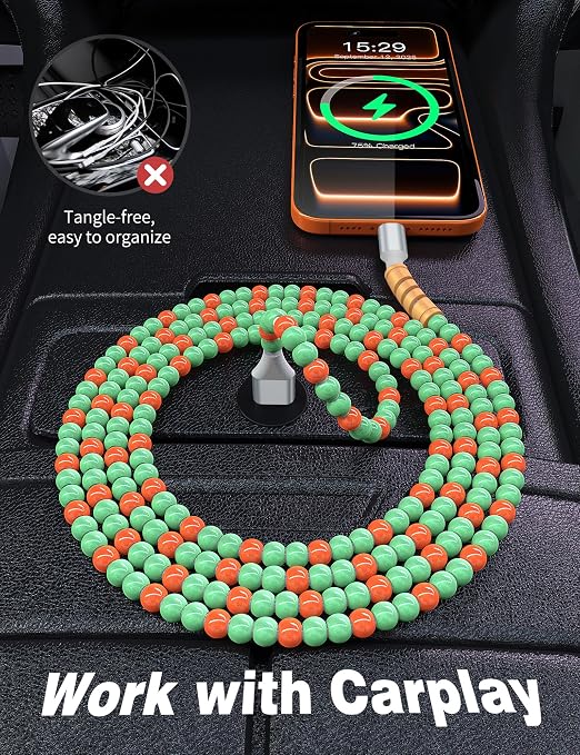 USB A to USB C Cable 6FT,Beaded Charger Cord for iPhone 17 16 Pro Max 17e 15 Car play,Type C Cute Car Charger Cord for iPad 10 11th A16/Samsung S26 S25 S24 S23 FE/Android Phone Girl Women,Green-Orange