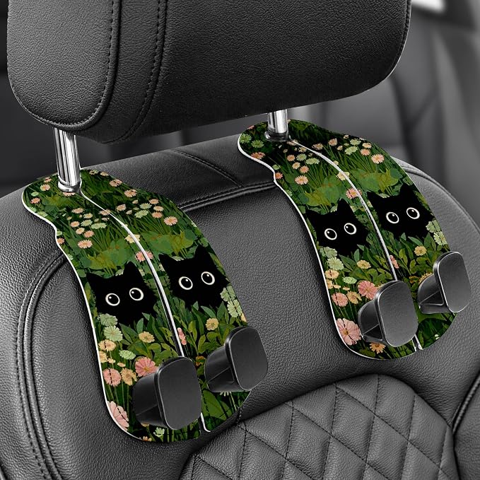 Purse Holder for Car, 2 Pack Heavy Duty Purse Hanger for Car, PU Leather Car Seat Hooks for Purses and Bags, Cute Grass Cat Headrest Organizer for Handbags & Backpacks